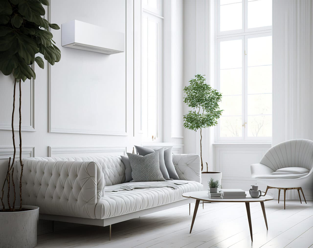 White minimalist living room interior with sofa on a wooden floo